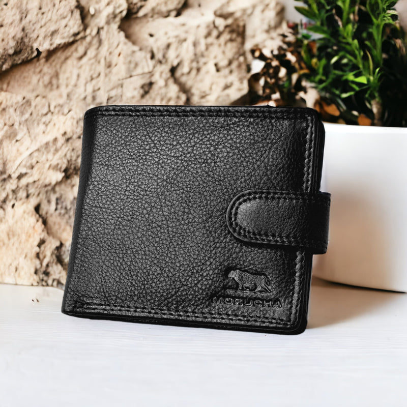 Morucha Mens Genuine Leather RFID Blocking High Capacity Billfold Wallet M25 Black