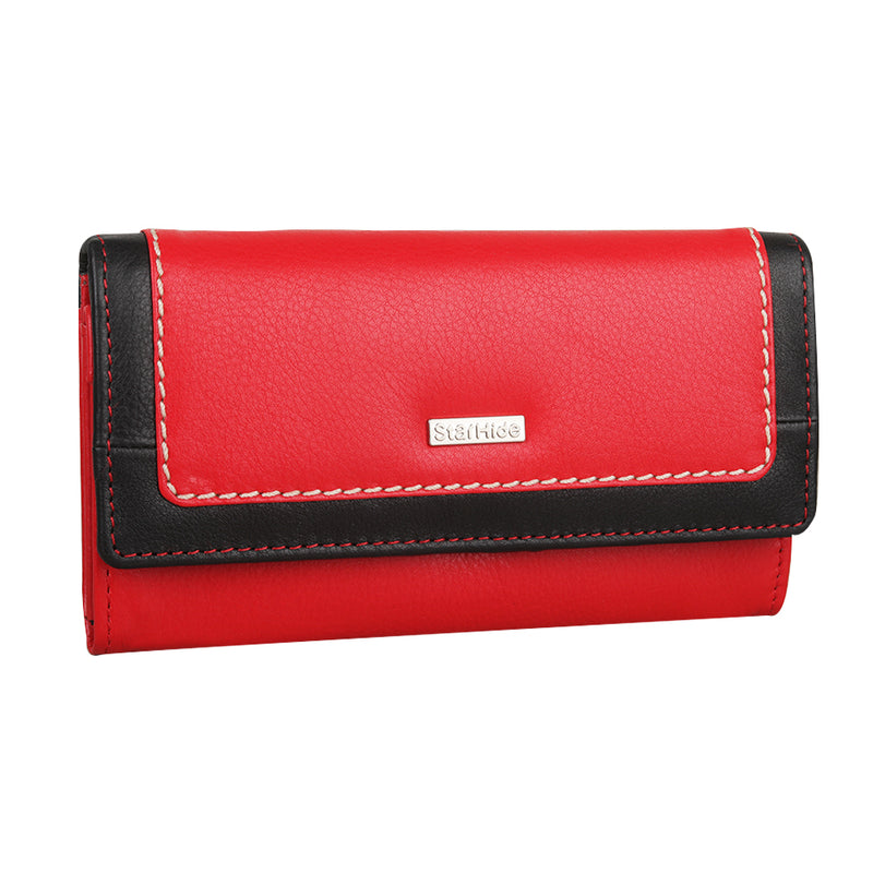 StarHide Women RFID Blocking Leather Flap Over Long Clutch Wallet Red Black 5560