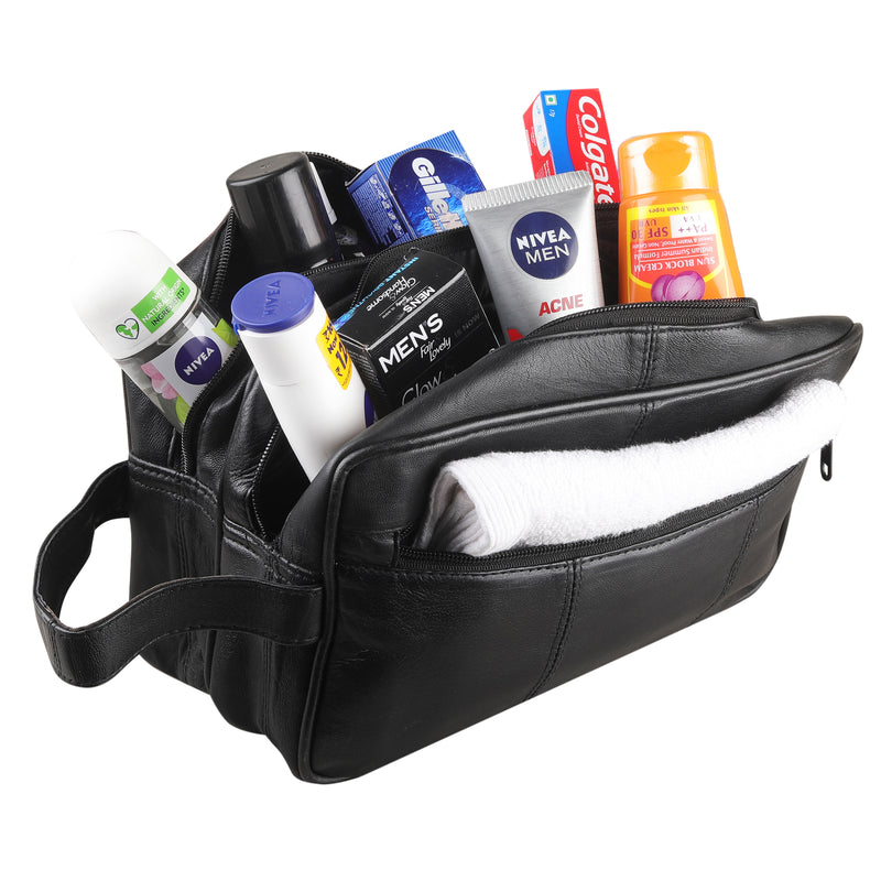 RAS Mens Washbag | Large Genuine Leather Travel Overnight Wash Gym Toiletry Shaving Bag 3520 Black