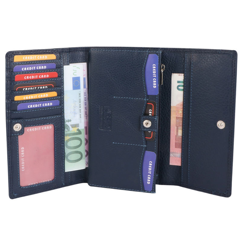 Morucha Ladies Soft Genuine Leather Flap Over Purse, Antitheft RFID Protection, Clutch Wallet (Navy Blue)