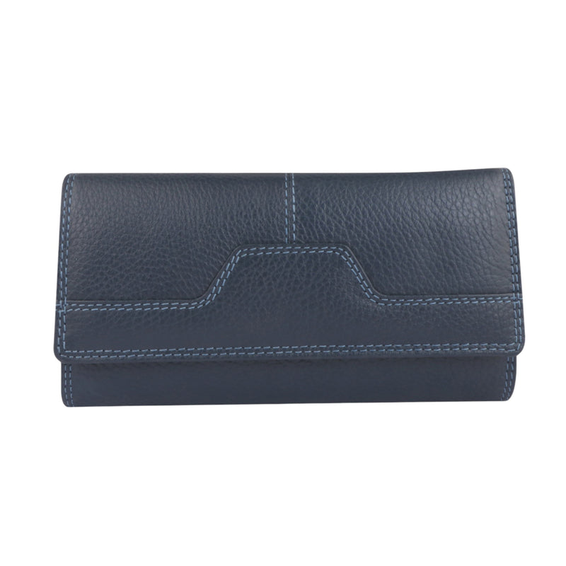 Morucha Ladies Soft Genuine Leather Flap Over Purse, Antitheft RFID Protection, Clutch Wallet (Navy Blue)