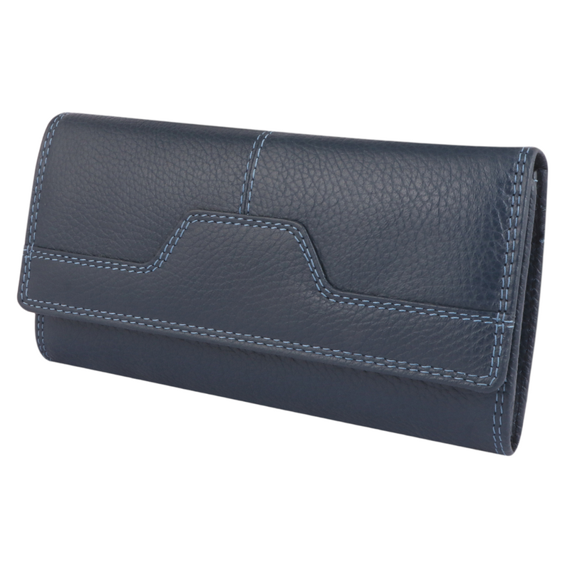 Morucha Ladies Soft Genuine Leather Flap Over Purse, Antitheft RFID Protection, Clutch Wallet (Navy Blue)