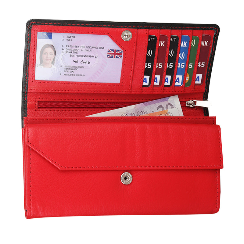 StarHide Women RFID Blocking Leather Flap Over Long Clutch Wallet Red Black 5560