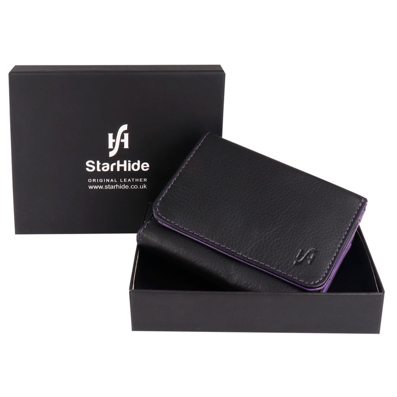 STARHIDE Ladies RFID Blocking Compact Genuine Leather Small Wallet With External Zip Around Coin Pocket 5555