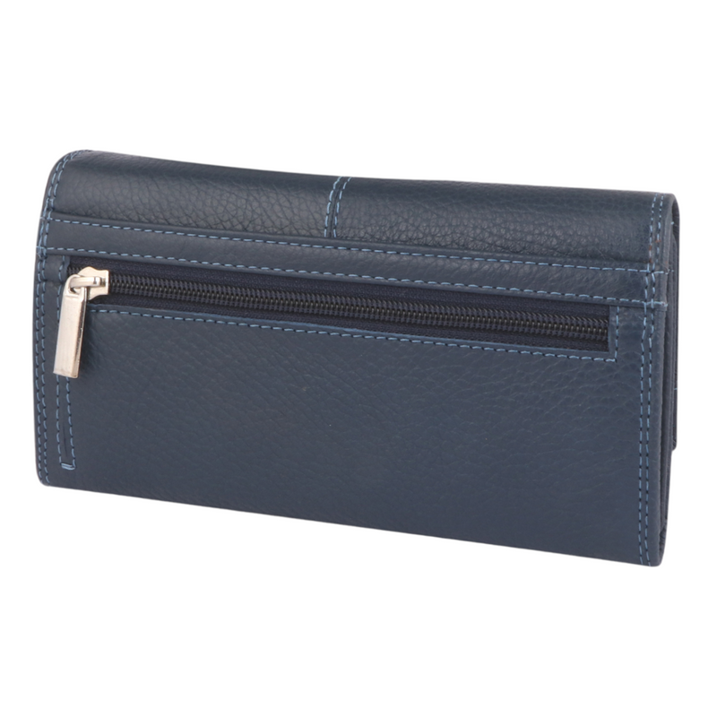 Morucha Ladies Soft Genuine Leather Flap Over Purse, Antitheft RFID Protection, Clutch Wallet (Navy Blue)