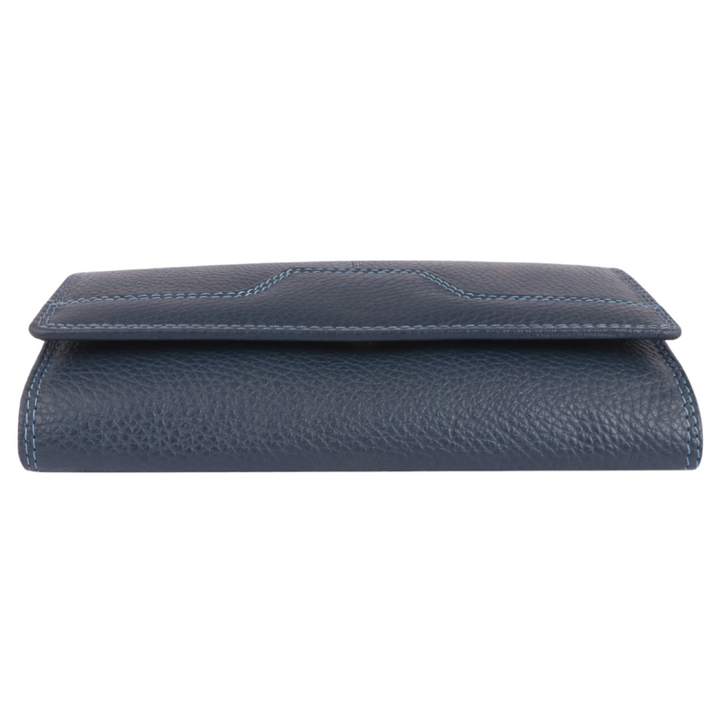 Morucha Ladies Soft Genuine Leather Flap Over Purse, Antitheft RFID Protection, Clutch Wallet (Navy Blue)