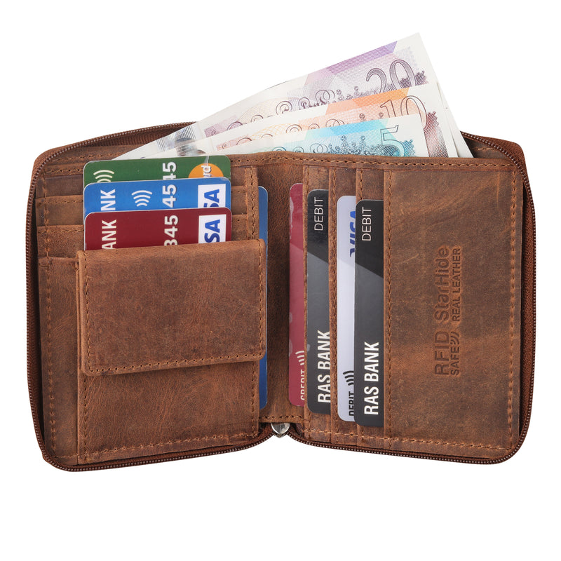 Starhide Mens Brown RFID Blocking Full Zip Around Distressed Hunter Leather Coin Pocket Wallet 720