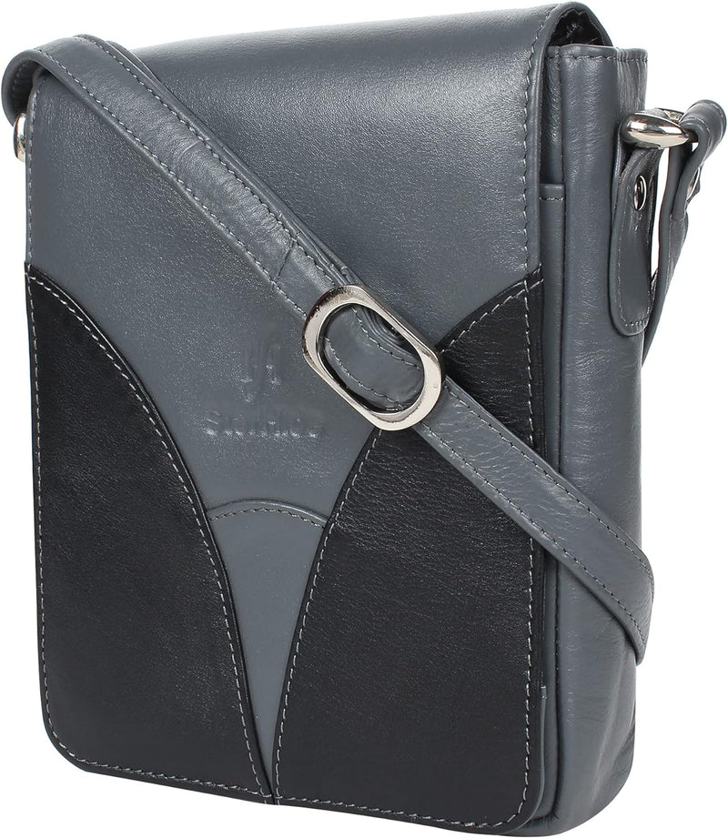 STARHIDE Ladies Soft Premium Leather Shoulder/Cross Body Bag with Front Flip Opening 570 (Grey/Black)