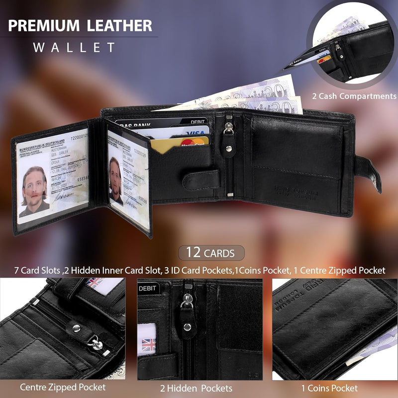 TOPSUM LONDON Mens RFID Blocking Genuine Leather Passcase Wallet with Coin Pocket 4014