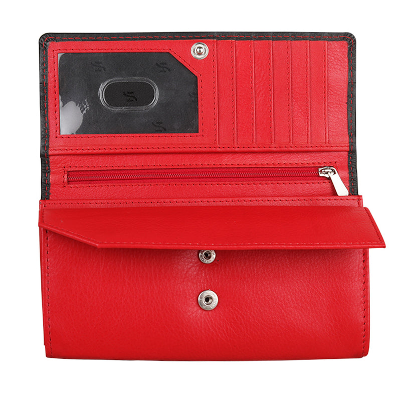 StarHide Women RFID Blocking Leather Flap Over Long Clutch Wallet Red Black 5560