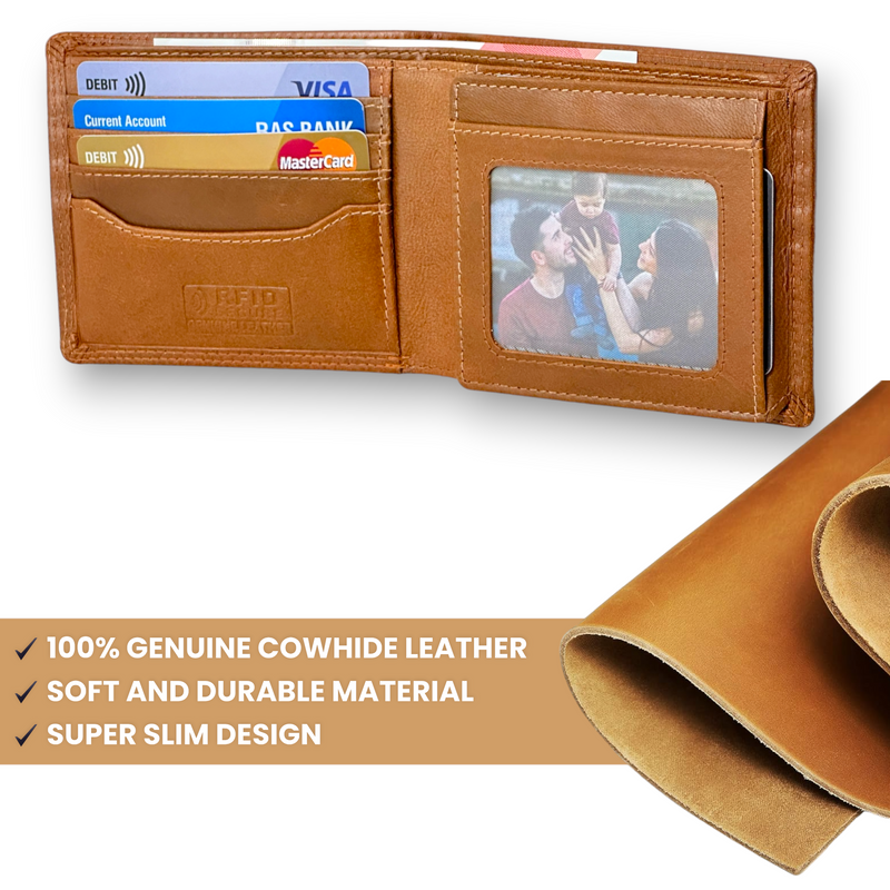 Morucha Mens RFID Blocking Real Soft Leather Passcase Wallet M-110 Tan