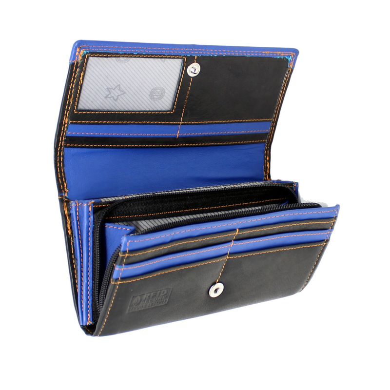 Morucha Black Blue Clutch Wallet For Women Genuine Leather RFID Blocking High Capacity Cardholder M10