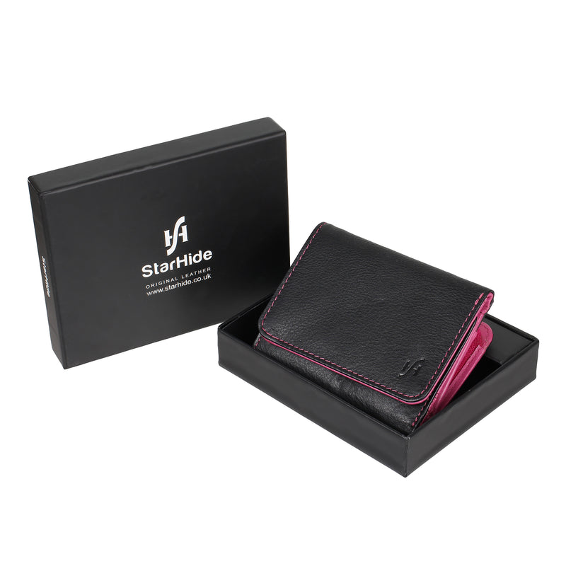 STARHIDE Ladies RFID Blocking Compact Genuine Leather Small Wallet With External Zip Around Coin Pocket 5555