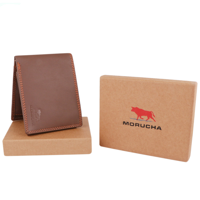 Morucha Mens RFID Blocking Genuine Leather Bifold Passcase Wallet M60 (Black Tan)