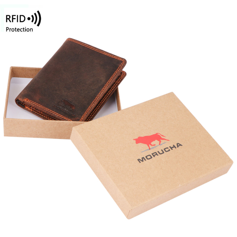 MORUCHA Mens RFID Blocking Compact Genuine Distressed Hunter Leather Trifold Wallet M45 Brown