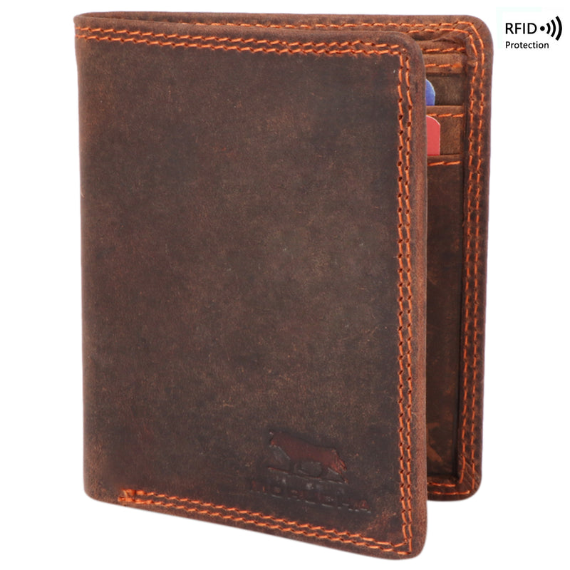 MORUCHA Mens RFID Blocking Compact Genuine Distressed Hunter Leather Trifold Wallet M45 Brown