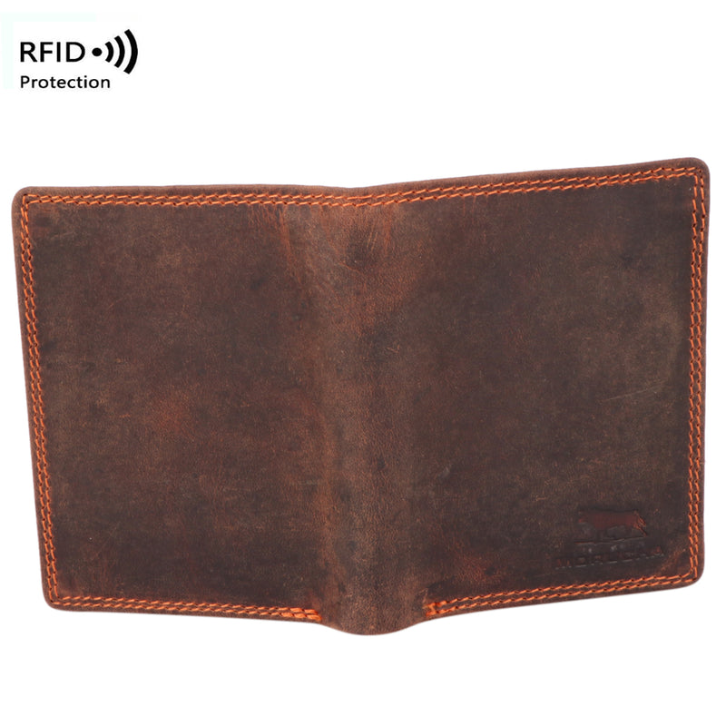 MORUCHA Mens RFID Blocking Compact Genuine Distressed Hunter Leather Trifold Wallet M45 Brown