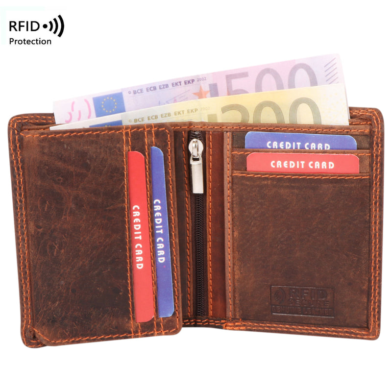 MORUCHA Mens RFID Blocking Compact Genuine Distressed Hunter Leather Trifold Wallet M45 Brown