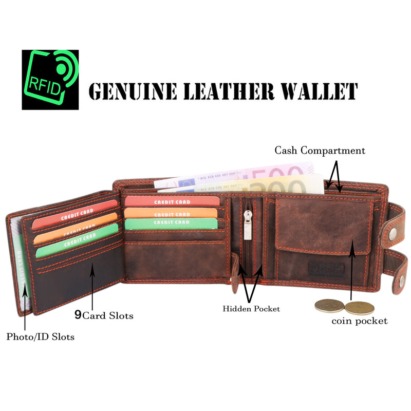 Morucha RFID Mens Biker Chain Wallet, Genuine Distressed Hunter Leather Purse with Metal Safety Hanging Chain M100 (Dark Brown)