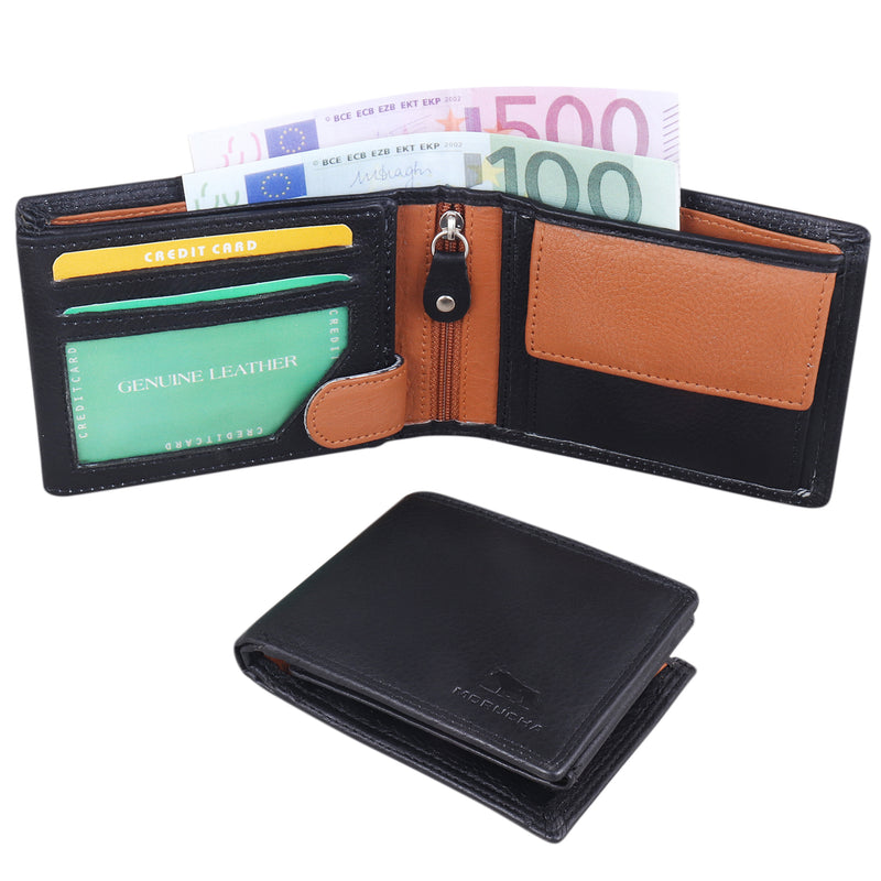 Morucha Mens RFID Blocking Genuine Leather Bifold Passcase Wallet M60 (Black Tan)