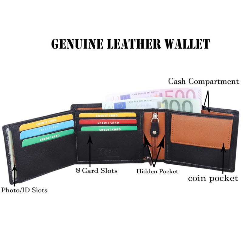 Morucha Mens RFID Blocking Genuine Leather Bifold Passcase Wallet M60 (Black Tan)