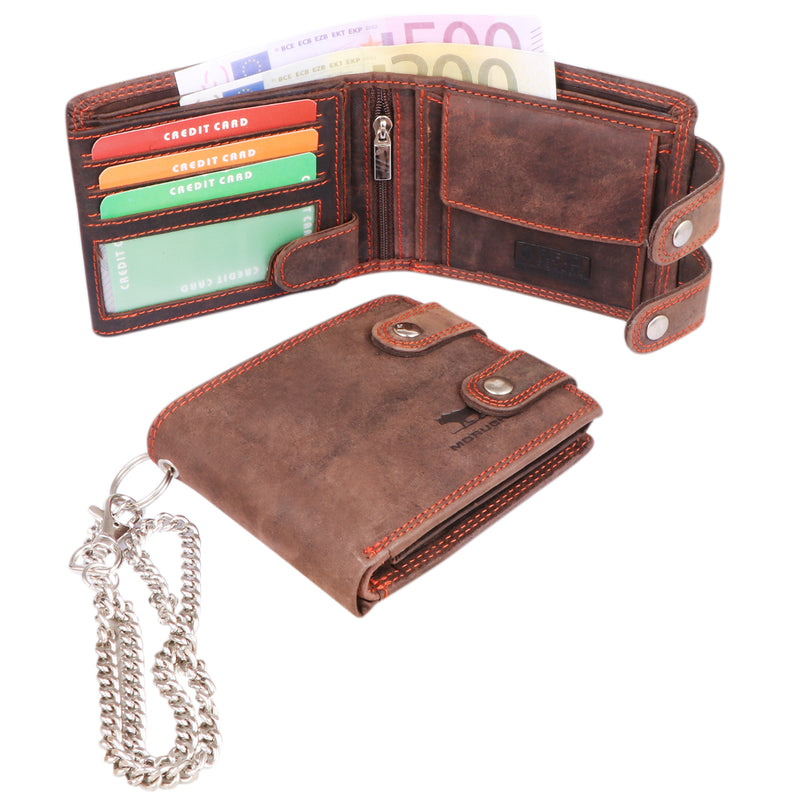 Morucha RFID Mens Biker Chain Wallet, Genuine Distressed Hunter Leather Purse with Metal Safety Hanging Chain M100 (Dark Brown)