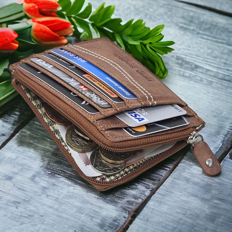 Starhide Mens Women Slim RFID Blocking Genuine Distressed Hunter Leather Credit Card Holder Zipper Coin Wallet 1095 Brown