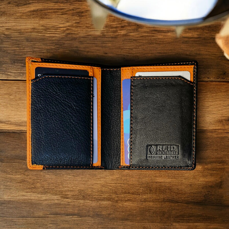 Morucha Minimalist Mens RFID Blocking Wallet, Genuine Leather Bifold Wallet M65 Black Orange