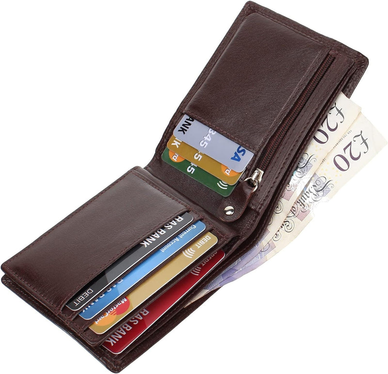 Personalised Men RFID Leather Wallet ID Window Zip Coin Pouch 4015 Brown