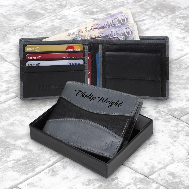 Personalised Engraved Men's Wallet, Genuine Cowhide Leather Wallet, Black Grey Wallet, Gift for Boyfriend, Husband, Granddad, Birthday Gift