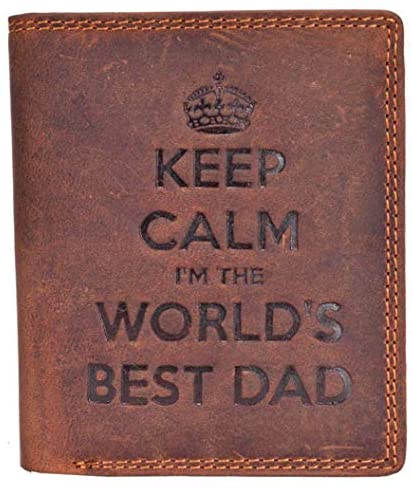 STARHIDE Keep Calm I'm The Worlds Best Dad Mens RFID Blocking Genuine Distressed Hunter Leather Wallet 705 Brown