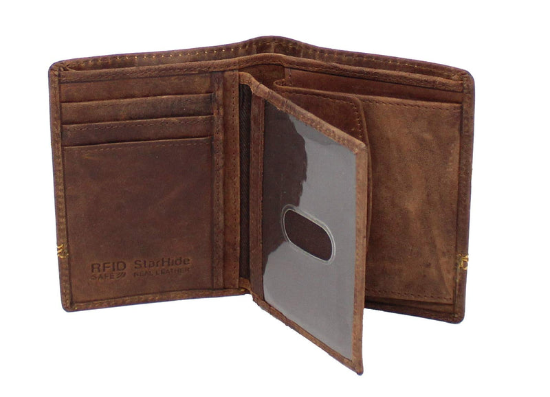 STARHIDE Mens RFID Blocking Distressed Hunter Leather Trifold Coin Pocket Wallet 1195 Brown