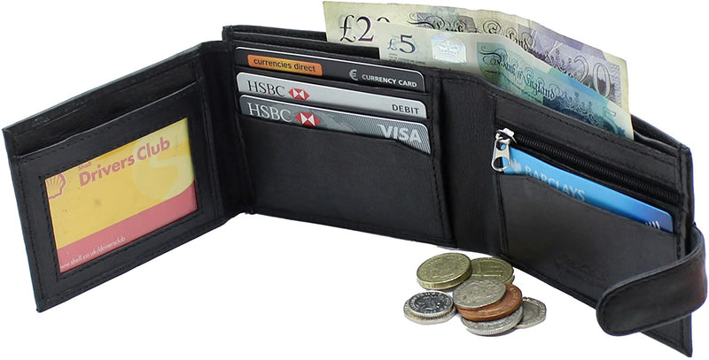 RAS Mens RFID Blocking Soft Smooth Genuine Leather Wallet With A Zipped Coin Pocket and Id Card Window 94 (Black)