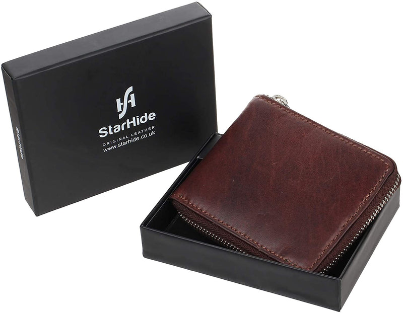 StarHide Mens Wallet RFID Signal Blocking Full Zip Around Genuine Leather Coin Pocket Purse with Gift Box 740