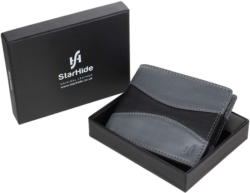 STARHIDE Mens RFID Blocking Classic Bifold Coin Pocket Leather Wallet with Gift Box 745 (Grey Black)