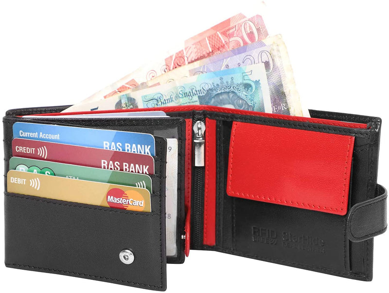 STARHIDE Mens RFID Blocking Genuine Leather Coin Pocket Wallet 625 Black RED