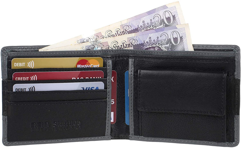 STARHIDE Mens RFID Blocking Classic Bifold Coin Pocket Leather Wallet with Gift Box 745 (Grey Black)