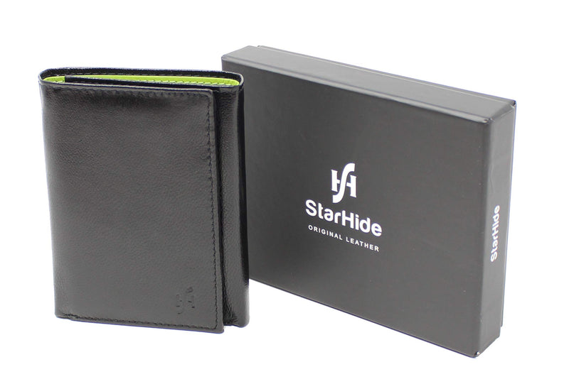 STARHIDE RFID Blocking Tall Genuine Goat Leather Trifold Zip Wallet Gift Boxed 615 (Black/Green)