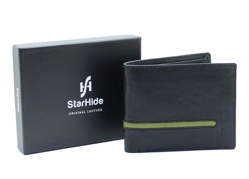 STARHIDE Mens RFID Genuine Leather Trifold Credit Cardholder Coin Pocket Wallet NP06 Black Green