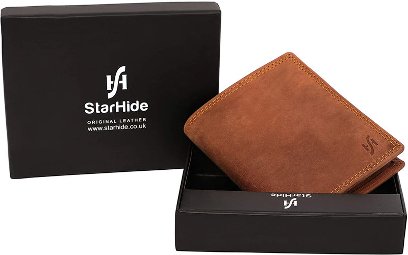 StarHide Mens RFID Blocking Distressed Hunter Leather Bifold Wallet Brown 1090