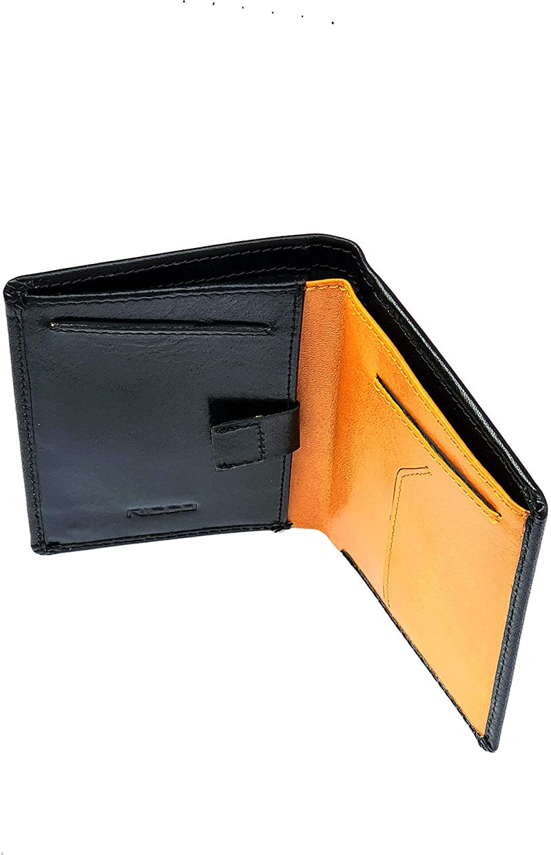 Ricco Genuine Italian Leather Slim Billfold Wallet For Men With RFID Blocking Card Protector S13 Black Yellow