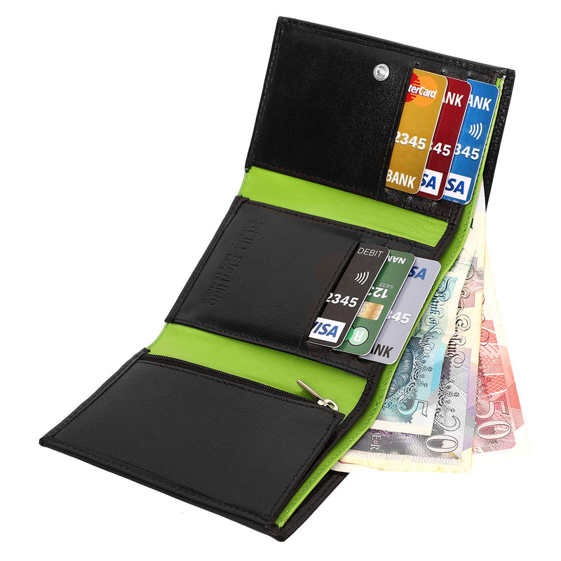 STARHIDE RFID Blocking Tall Genuine Goat Leather Trifold Zip Wallet Gift Boxed 615 (Black/Green)