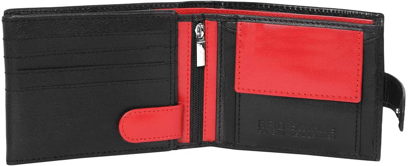 STARHIDE Mens RFID Blocking Genuine Leather Coin Pocket Wallet 625 Black RED