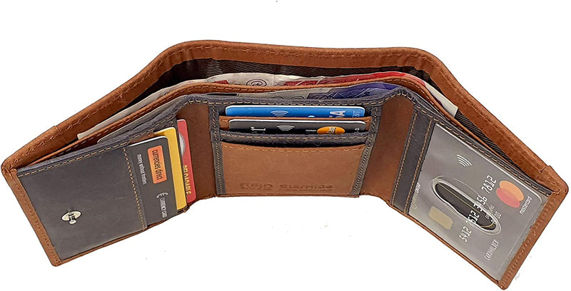 STARHIDE Mens RFID Blocking Trifold Distressed Hunter Leather and Canvas Wallet Credit Card Holder 805 Blue Brown