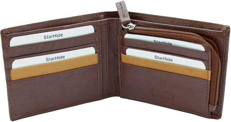 STARHIDE Mens RFID Blocking Soft Nappa Leather Zip Coin Pocket Bifold Wallet 110