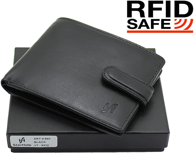 STARHIDE Mens RFID Blocking VT Leather Bifold Zip Coin Pocket Wallet 840 Black