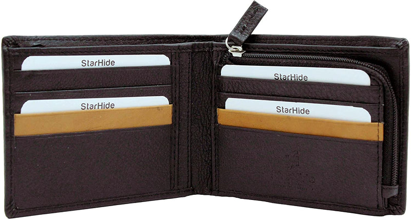 STARHIDE Mens RFID Blocking Soft Nappa Leather Zip Coin Pocket Bifold Wallet 110