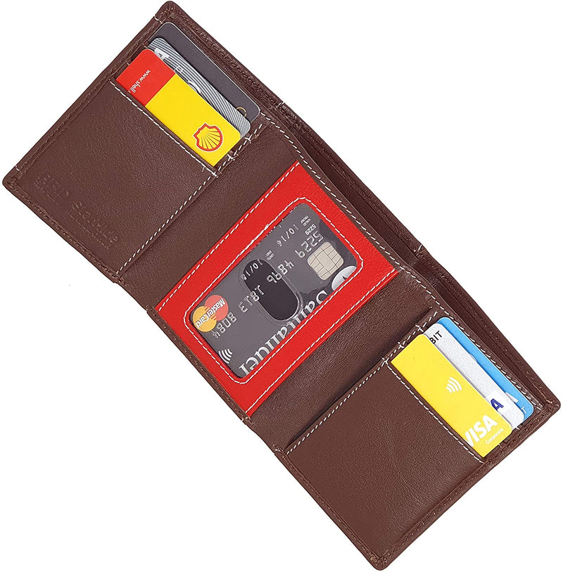 STARHIDE Mens Slim Genuine Leather Trifold Wallet with ID Holder Gift Boxed 810 Brown