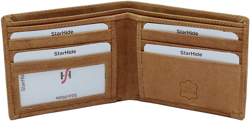 STARHIDE Slim Two Fold Leather and Canvas Wallet for Men 1214 Brown Tan