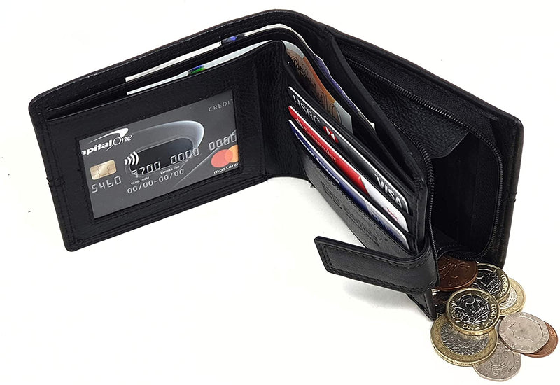 STARHIDE Mens RFID Blocking Nappa Leather Bifold Wallet with A Side Zipped Coin Pocket 1044 (Black)